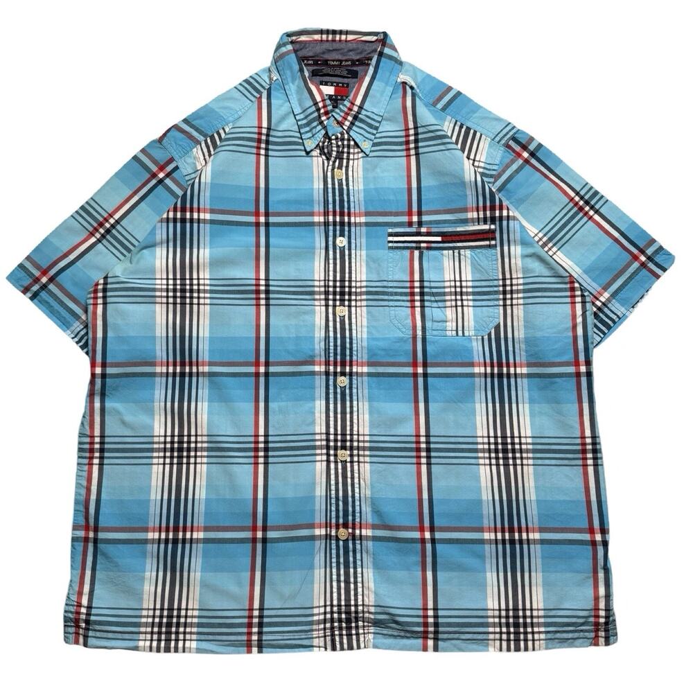 Vintage Y2K Tommy Jeans Hilfiger Button Shirt Plaid Blue Red Button Up XL